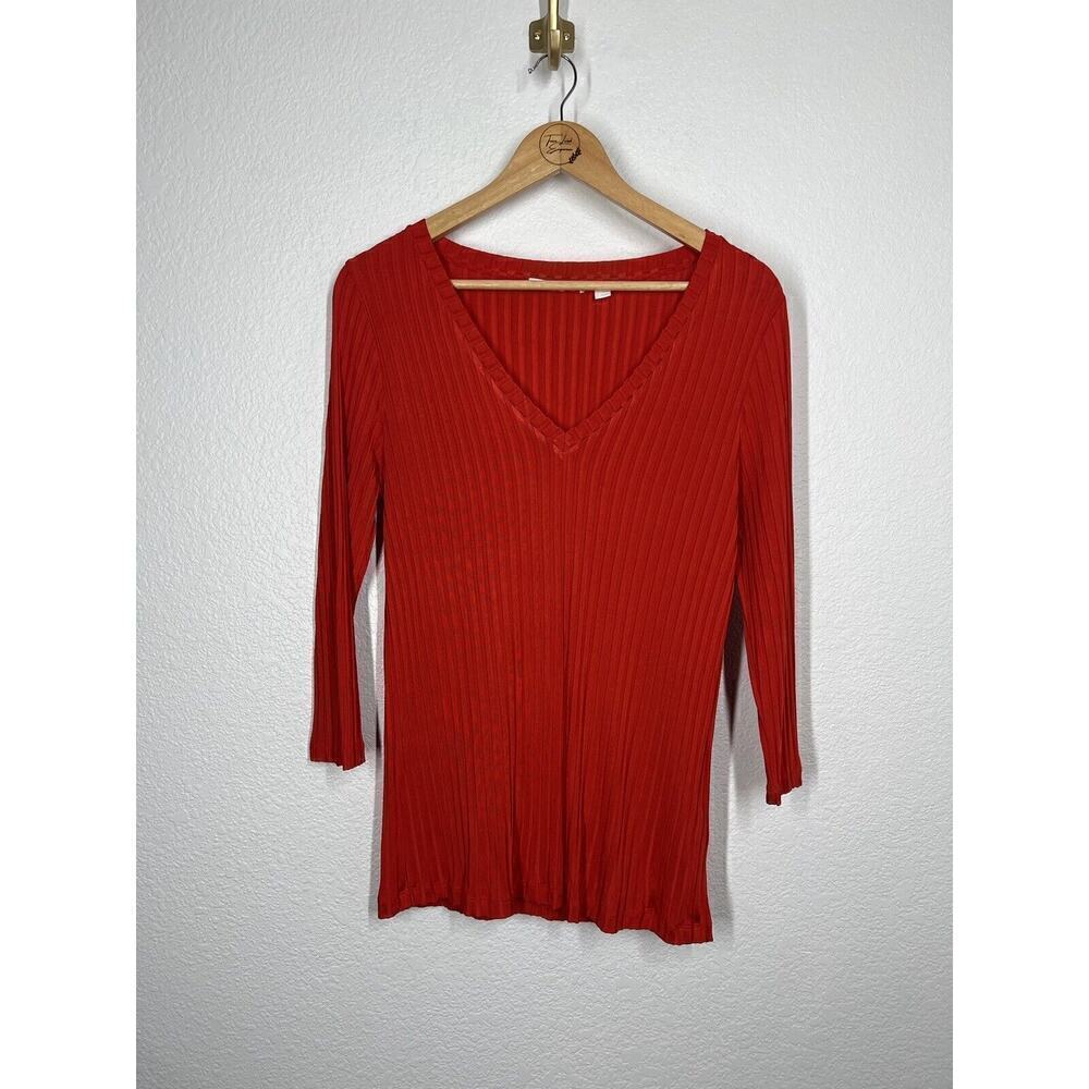 Hugo Boss Womens Etrica Ribbed Knit Top Large L Red 3/4 Sleeves